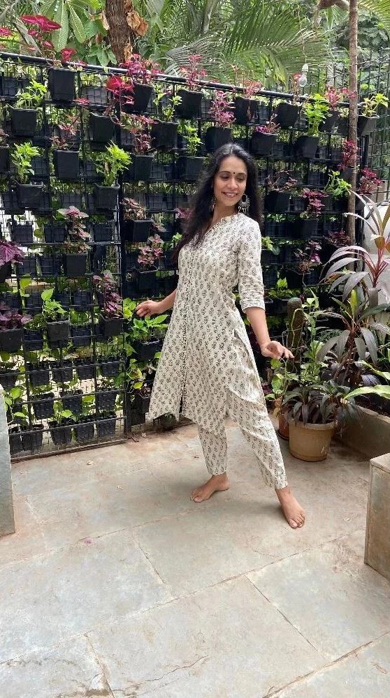 White Kurti Set with Contrasting Brown Bagh Hand Block Print-1.webp